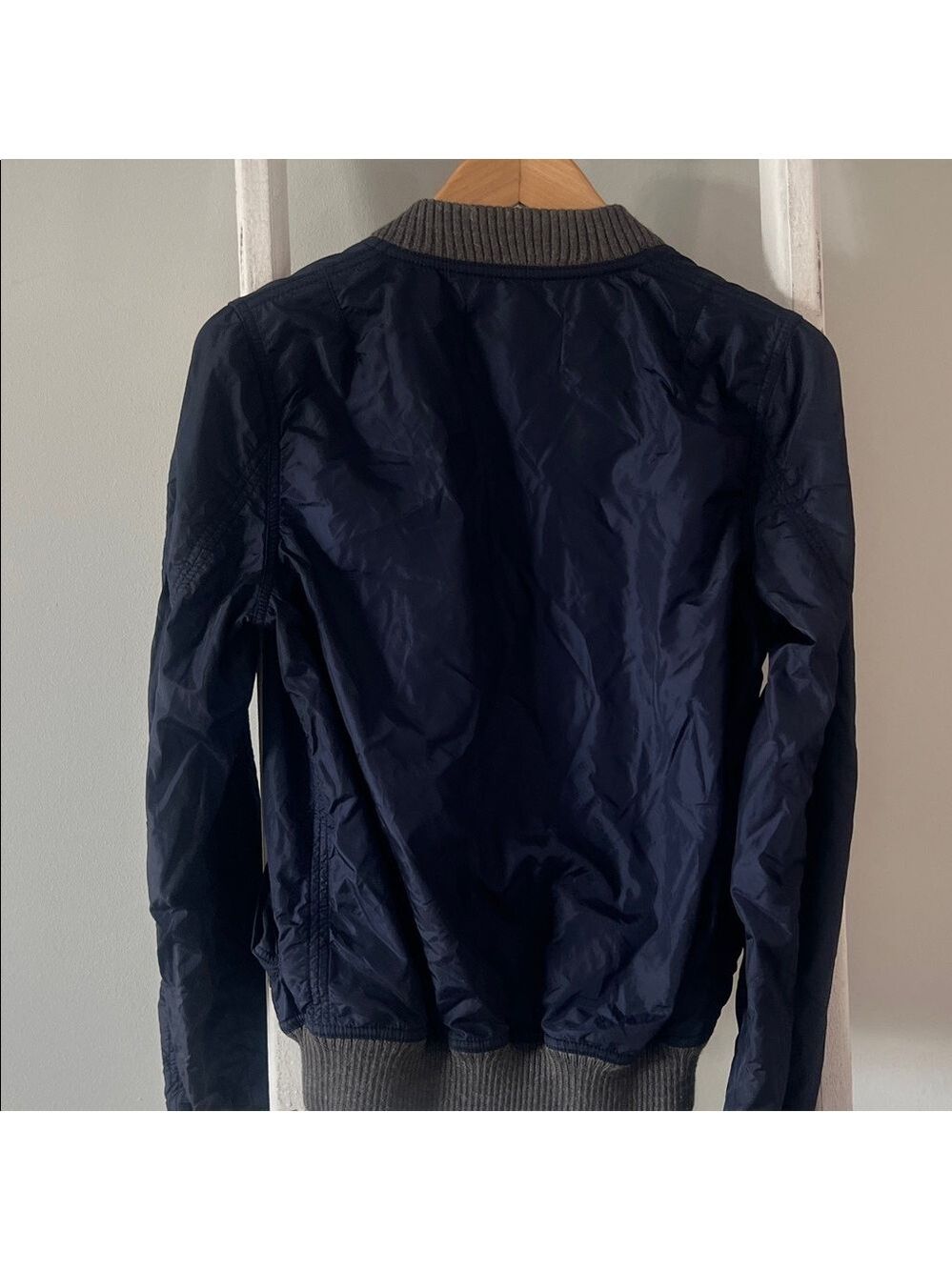 J. Crew navy Blue sweatshirt lined nylon bomber Jacket with Gray Accents small - Picture 10 of 10